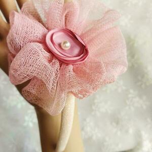 Παιδική Στέκα με ροζ φρουφρού γάζας και ροζ σατέν λουλούδι - δώρο, λουλούδια, στέκες μαλλιών παιδικές, αξεσουάρ μαλλιών, στέκες - 4