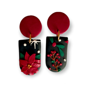 Houx - Χριστουγεννιάτικα χειροποίητα καρφωτά σκουλαρίκια από πολυμερικό πηλό - statement, καρφωτά, χριστουγεννιάτικο, ατσάλι, καρφάκι, δώρα για γυναίκες