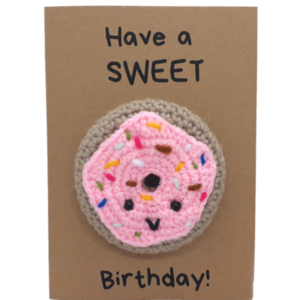 Ευχετήρια κάρτα με πλεκτό ντόνατ - γενέθλια, amigurumi