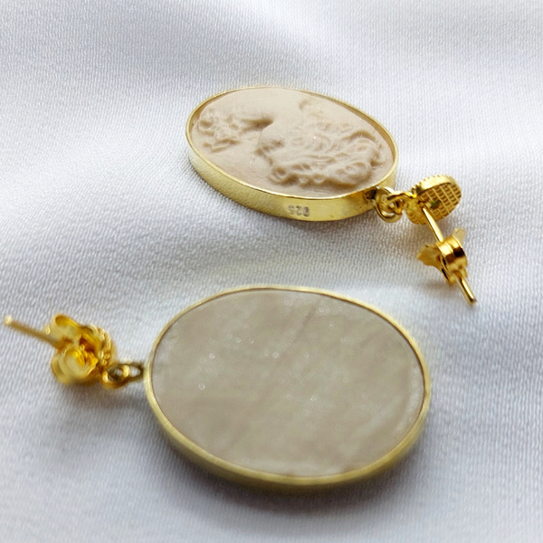 Σκουλαρίκια Cameo με σμαράγδια ( ασήμι 925, επιχρυσωμένο, σμαράγδι) - ασήμι, επιχρυσωμένα, κρεμαστά, μεγάλα - 5
