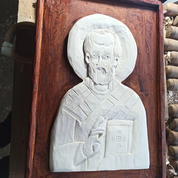 Ξυλόγλυπτη εικόνα Αγίου Νικολάου σε ξύλο Φλαμουριάς - πίνακες & κάδρα, εικόνες αγίων