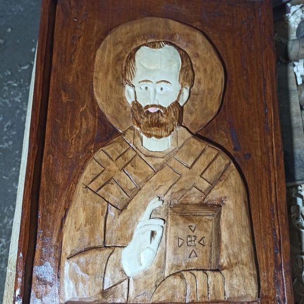 Ξυλόγλυπτη εικόνα Αγίου Νικολάου σε ξύλο Φλαμουριάς - πίνακες & κάδρα, εικόνες αγίων - 3