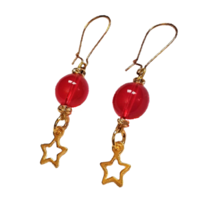 Χριστουγεννιάτικα σκουλαρίκια με κόκκινη χάντρα και χρυσαφί αστέρι, 6 εκατοστά. - γυαλί, μαμά, κοσμήματα, χριστουγεννιάτικα δώρα, μπάλες