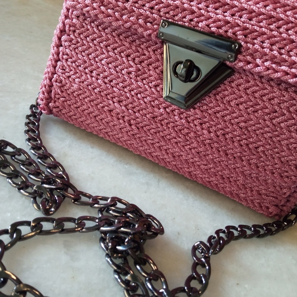 Πλεκτή γυναικεία τσάντα βαλιτσάκι ροζ - ύφασμα, ώμου, all day, tote, πλεκτές τσάντες - 3
