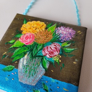 Μικρό πινακάκι με θέμα βάζο με λουλούδια, ζωγραφισμένο στο χέρι, καμβάς σε τελάρο 10*10 cm - ζωγραφισμένα στο χέρι, πίνακες & κάδρα - 2