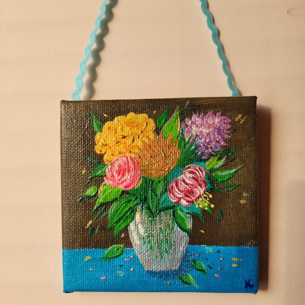 Μικρό πινακάκι με θέμα βάζο με λουλούδια, ζωγραφισμένο στο χέρι, καμβάς σε τελάρο 10*10 cm - ζωγραφισμένα στο χέρι, πίνακες & κάδρα - 3