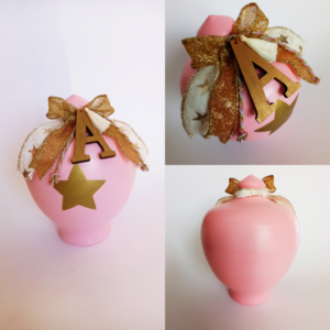 Πήλινος κουμπαράς με ξύλινο μονόγραμμα 26εκ.ύψος ροζ με χρυσό αστέρι - κορίτσι, πηλός, κουμπαράδες, δώρο γέννησης, 1-2 ετών - 2