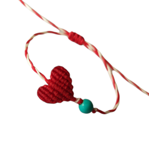 Βραχιόλι Μάρτης με κόκκινη μικρή καρδιά και γαλάζια χάντρα - καρδιά, κορδόνια, μαρτάκια, χεριού, αυξομειούμενα