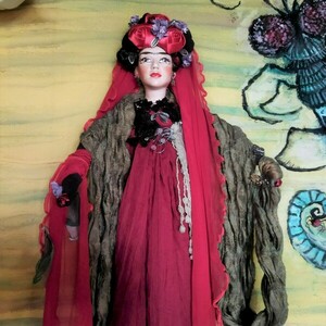 Μεγάλη διακοσμητική χειροποίητη Κούκλα από ύφασμα 105 εκ. "Frida style" κόκκινη-μπεζ-μωβ - κορίτσι, διακοσμητικά, frida kahlo, κούκλες - 3