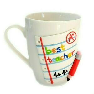 Κούπα για την δασκάλα "best teacher" με στοιχεία από πολυμερικό πηλό (ύψος 10,5 εκ, 360 ml) - χειροποίητα, κούπες & φλυτζάνια, κούπες με ονόματα, παιδικές κούπες, προσωποποιημένα