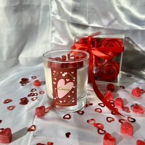 Χειροποίητο κερι με κόκκινες καρδιές/220gram - γυαλί, δώρο, αρωματικά κεριά, αγ. βαλεντίνου, κερί σόγιας - 3