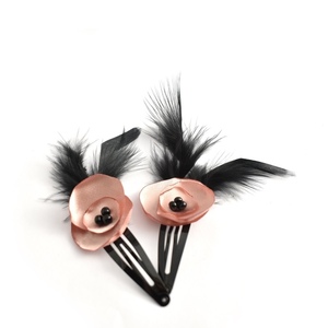 Hair clips με ροζ λουλουδάκια - φτερό, δώρο, ιδεά για δώρο, αξεσουάρ μαλλιών, hair clips