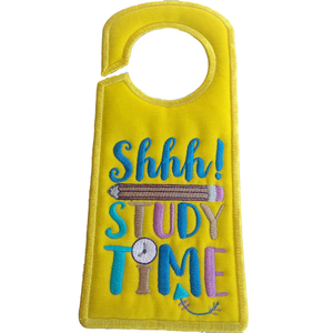 Υφασμάτινο Κεντητό Κίτρινο Κρεμαστάρι Πόρτας 10*24 cm "Shhh! Study Time" - κεντητά, κορίτσι, αγόρι, δώρο, κρεμάστρες