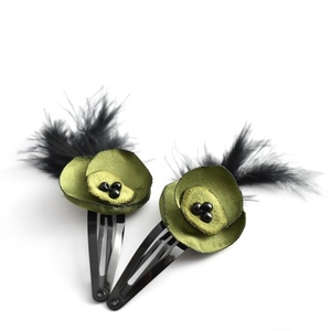 Hair clips με πράσινα λουλούδια - φτερό, δώρο, αξεσουάρ μαλλιών, hair clips - 2