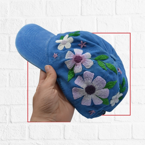Καπέλο με κεντημένα λουλούδια (μπλε) - ύφασμα, βαμβάκι - 2