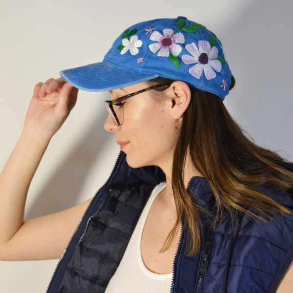 Καπέλο με κεντημένα λουλούδια (μπλε) - ύφασμα, βαμβάκι - 3