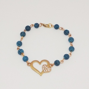 Βραχιολι μπλε - charms, επιχρυσωμένα, ορείχαλκος, καρδιά, χάντρες, σταθερά - 2