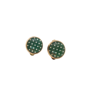 Σκουλαρίκια επιχρυσωμένα κουμπωτά με υγρό γυαλί " Πράσινο - λευκό πουά " -12mm - γυαλί, επιχρυσωμένα, μικρά, με κλιπ, φθηνά