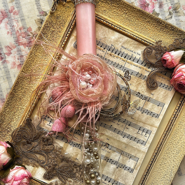 Ρομαντική λαμπαδα με πεταλούδες , πέρλες και χειροποίητο λουλούδι - κορίτσι, λαμπάδες, για ενήλικες, για εφήβους, πασχαλινά δώρα - 2