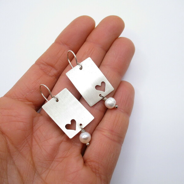 Χειροποίητα χαριτωμένα σκουλαρίκια με σχέδιο καρδιά. - ασήμι 925, αλπακάς, κρεμαστά, γάντζος - 5