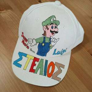 παιδικό καπέλο jockey με όνομα και θέμα super mario ( λουίτζι ) - ζωγραφισμένα στο χέρι, όνομα - μονόγραμμα, καπέλα, σούπερ ήρωες - 3