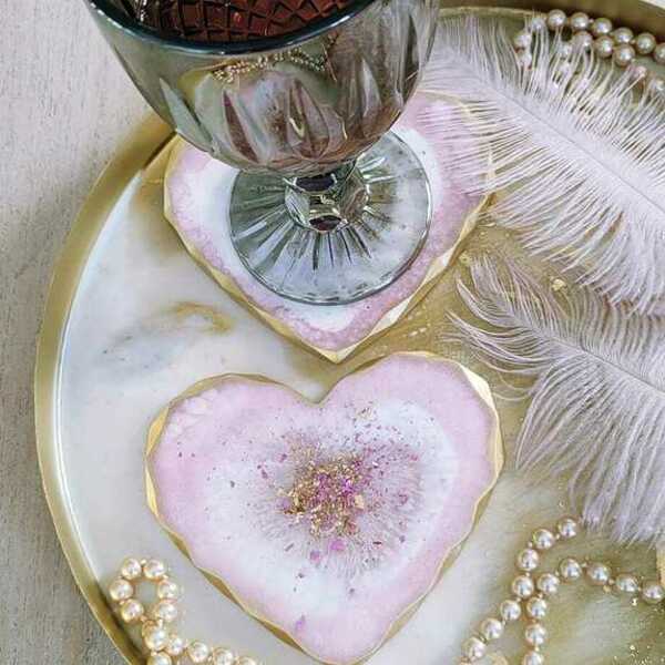 Σουβέρ καρδιά απο υγρό γυαλί με φύλλα χρυσού - ρητίνη, σουβέρ, είδη γάμου, γιορτή της μητέρας, πιατάκια & δίσκοι - 3