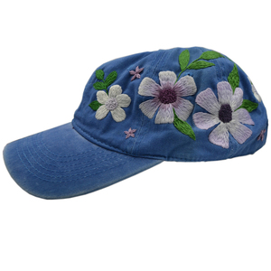Καπέλο με κεντημένα λουλούδια (μπλε) - ύφασμα, βαμβάκι