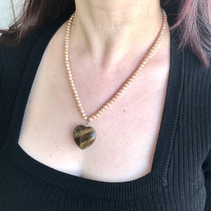 Κολιέ με Καρδιά Μάτι της Τίγρης ημιπολύτιμο λίθο και κρυσταλλάκια 30χιλ - ημιπολύτιμες πέτρες, καρδιά, κοντά, μενταγιόν - 2