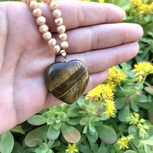 Κολιέ με Καρδιά Μάτι της Τίγρης ημιπολύτιμο λίθο και κρυσταλλάκια 30χιλ - ημιπολύτιμες πέτρες, καρδιά, κοντά, μενταγιόν - 3