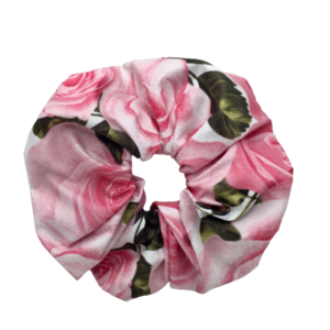 Υφασμάτινο λαστιχάκι scrunchie ροζ τριαντάφυλλα - ύφασμα, κορίτσι, φλοράλ, για τα μαλλιά, λαστιχάκια μαλλιών - 2