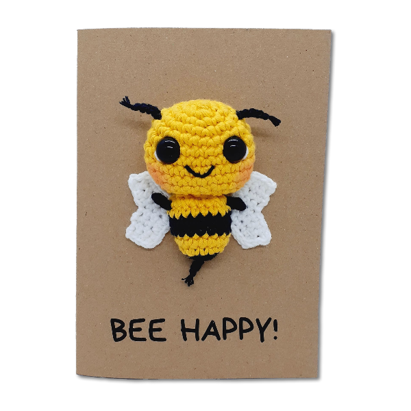 Ευχετήρια κάρτα με πλεκτή μέλισσα - Bee Happy - γενέθλια, amigurumi