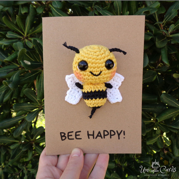 Ευχετήρια κάρτα με πλεκτή μέλισσα - Bee Happy - γενέθλια, amigurumi - 2