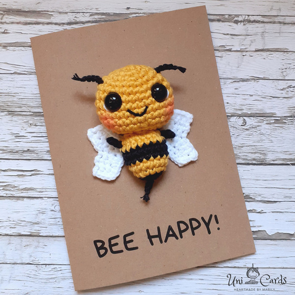 Ευχετήρια κάρτα με πλεκτή μέλισσα - Bee Happy - γενέθλια, amigurumi - 3