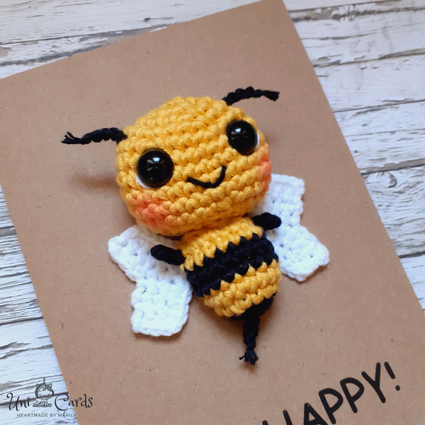 Ευχετήρια κάρτα με πλεκτή μέλισσα - Bee Happy - γενέθλια, amigurumi - 4