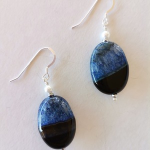 Κρεμαστά ασημένια σκουλαρίκια με μαύρο-μπλε αχάτη - ασήμι, ημιπολύτιμες πέτρες, κρεμαστά, μεγάλα, γάντζος - 5