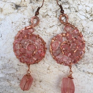 Σκουλαρίκια από χαλκό με ροζ τουρμαλινη - ημιπολύτιμες πέτρες, χαλκός, κρεμαστά, μεγάλα, γάντζος - 3