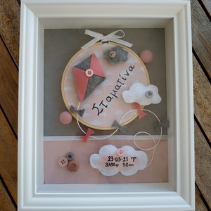 Ξύλινο καδράκι με τελαράκι και θέμα τον χαρταετό, ροζ- γκρι χρώμα, 20*25 εκ. - κορίτσι, ενθύμια γέννησης