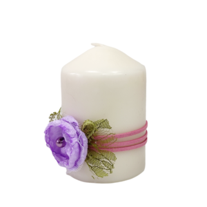Διακοσμητικό κερί λευκό με μωβ λουλούδι Ύψος 10 cm - λουλούδια, ρεσώ & κηροπήγια, κερί, πασχαλινά δώρα, διακόσμηση σαλονιού - 2