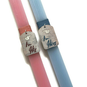Αρωματικές λαμπάδες για ζευγάρια ροζ και μπλε με ξύλινα στοιχεία με χάραξη "I'm Hers" - "I'm His", 32 εκατοστά. - λαμπάδες, ζευγάρια - 4