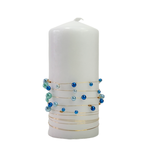 Κερί άοσμο λευκό με μπλε πέρλες Yψος 15cm - ρεσώ & κηροπήγια, πέρλες, διακοσμητικά, διακόσμηση σαλονιού - 2