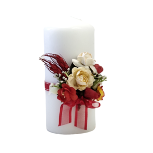 Κερί λευκό με κόκκινα λουλούδια Yψος 15cm - λουλούδια, ρεσώ & κηροπήγια, διακοσμητικά, διακόσμηση σαλονιού - 2