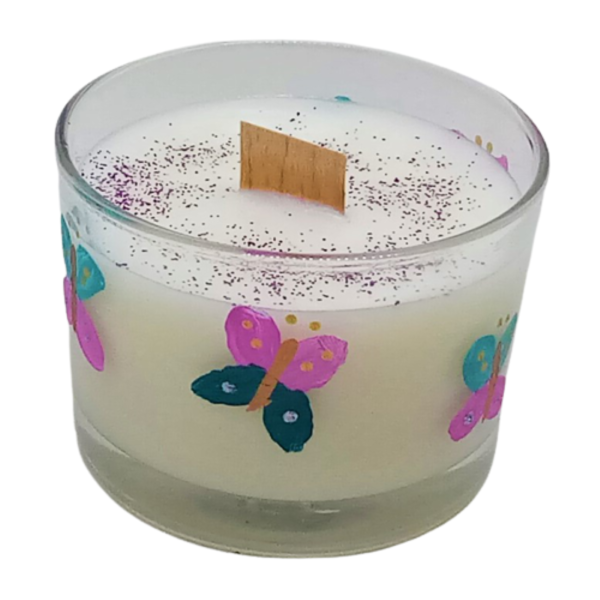 Χειροποίητο κερί σόγιας σε γυάλινο ποτήρι ζωγραφισμένο στο χέρι με άρωμα Νάρκισσος και λοτός ( 165 ml ) - αρωματικά κεριά, αρωματικό, σόγια, soy wax - 5