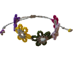 Βραχιόλι Μακραμέ με Λουλούδια (Πράσινο-Κίτρινο-Φούξια-Λιλά-Μώβ) - μακραμέ, κορδόνια, χεριού, αυξομειούμενα, δώρα για γυναίκες