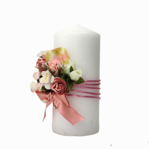 Κερί λευκό με ροζ λουλούδια Yψος 15cm - λουλούδια, ρεσώ & κηροπήγια, διακοσμητικά, διακόσμηση σαλονιού - 3