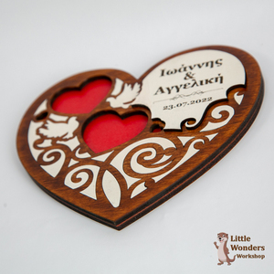 Ξύλινη Βάση σε σχήμα Καρδιάς για τις Βέρες σας, με χάραξη των ονομάτων και της ημερομηνίας του Γάμου σας, Διάσταση: 15Χ15εκ. - καρδιά, personalised, ξύλινα διακοσμητικά - 4