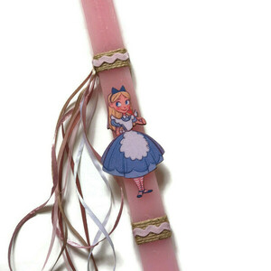 Χειροποίητη αρωματική ροζ λαμπάδα με ξύλινη φιγούρα την Αλίκη , 32 εκατοστά. - κορίτσι, λαμπάδες, για παιδιά, για εφήβους, για μωρά - 2