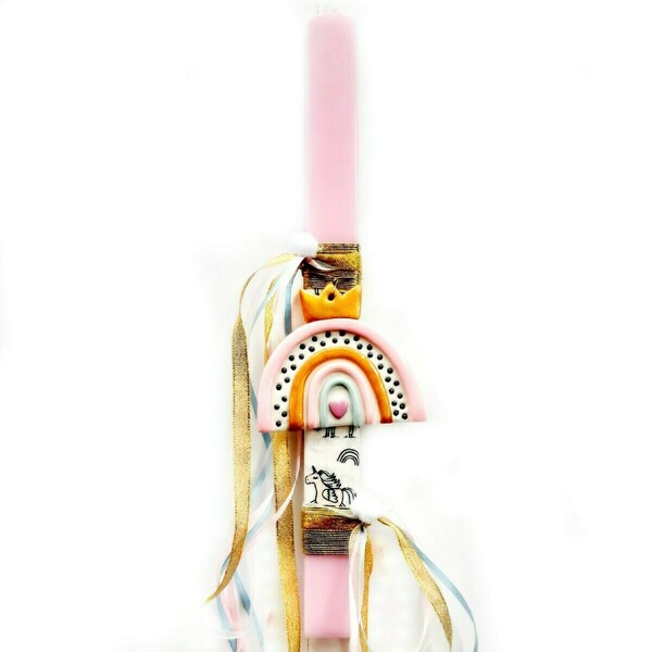 Λαμπάδα με ουράνιο τόξο από πολυμερικό πηλό σε πλακέ κερί(38*3*1 εκ.) - κορίτσι, λαμπάδες, ουράνιο τόξο, για παιδιά, για εφήβους