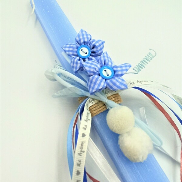 Πασχαλινή Λαμπάδα Γαλάζια με λουλούδια - λαμπάδες, για παιδιά, για ενήλικες, για εφήβους - 3