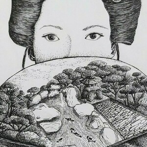 Japanese Girl Portait and Landscape 21×29,7cm - πίνακες & κάδρα - 2