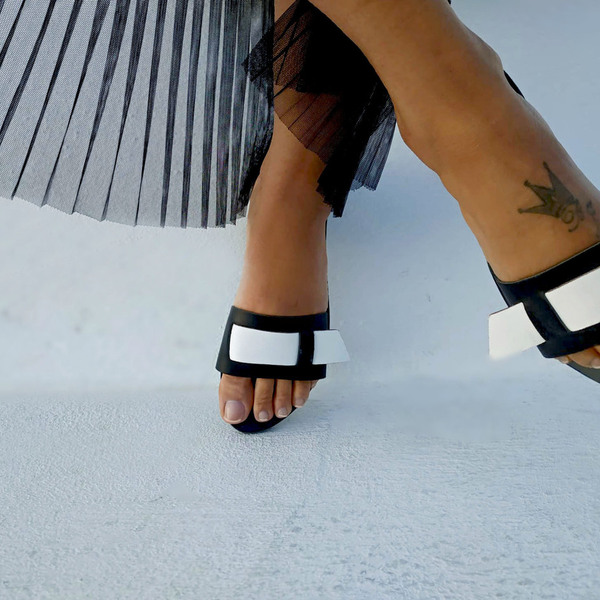 Handmade Leather Sandal : Clio - δέρμα, μαύρα, φλατ, slides
